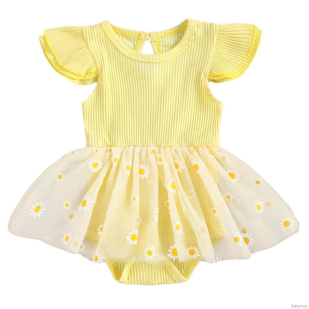 [babytoys] Summer Baby Girl Flying Sleeve Rompers Infant Lace Mesh Daisy Printed Princess Dress Toddler Triangle Bodysuit 0-18M