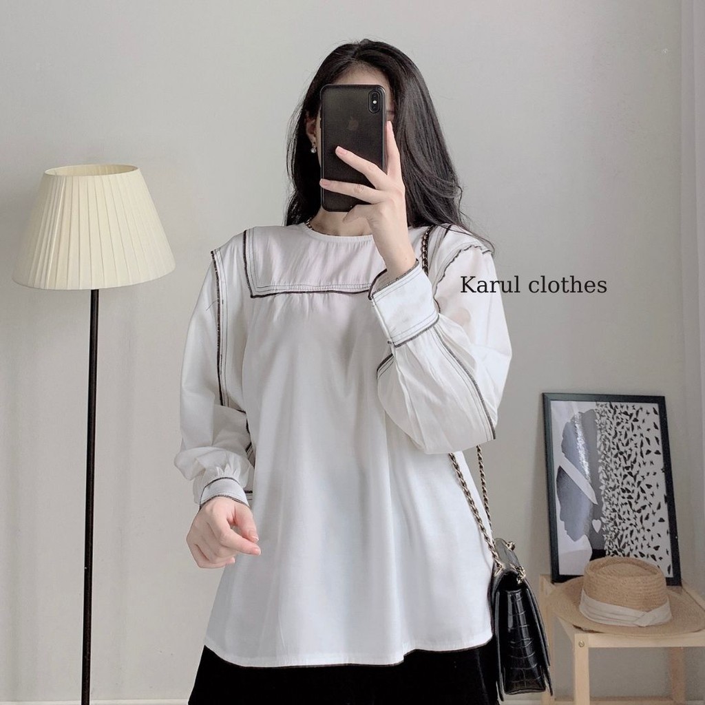 Áo sơ mi nữ trắng dài tay viền chỉ đen kiểu chui  babydoll khuy sau cổ - Áo sơ mi nữ  chất vải thô  trắng viền chỉ đen