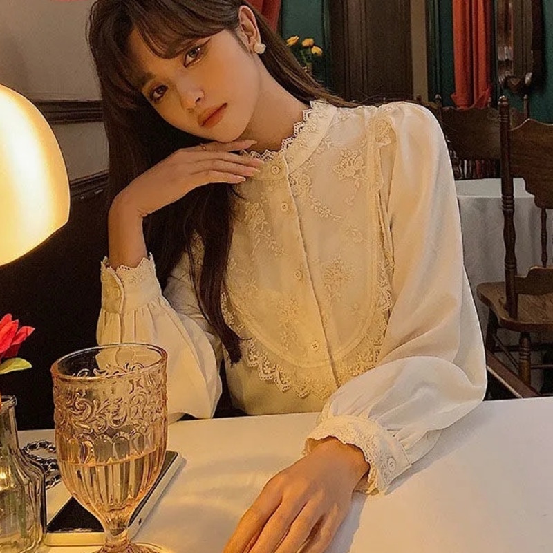 Áo Dài Tay Phối Ren Thời Trang Hàn Quốc 169820 Áo Sơ Mi Form Rộng Theo Phong Cách Retro Dễ Phối Đồ