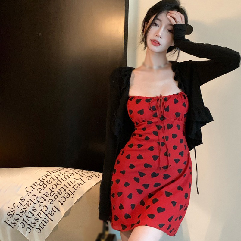 Đầm Hai Dây Dáng Ôm In Họa Tiết Trái Tim Phong Cách Hàn Quốc Quyến Rũ Dành Cho Nữ