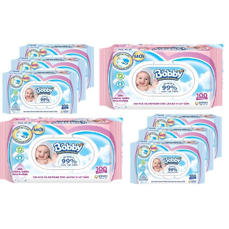 Khăn ướt Bobby 100 tờ không mùi và mùi hương nhẹ mới
