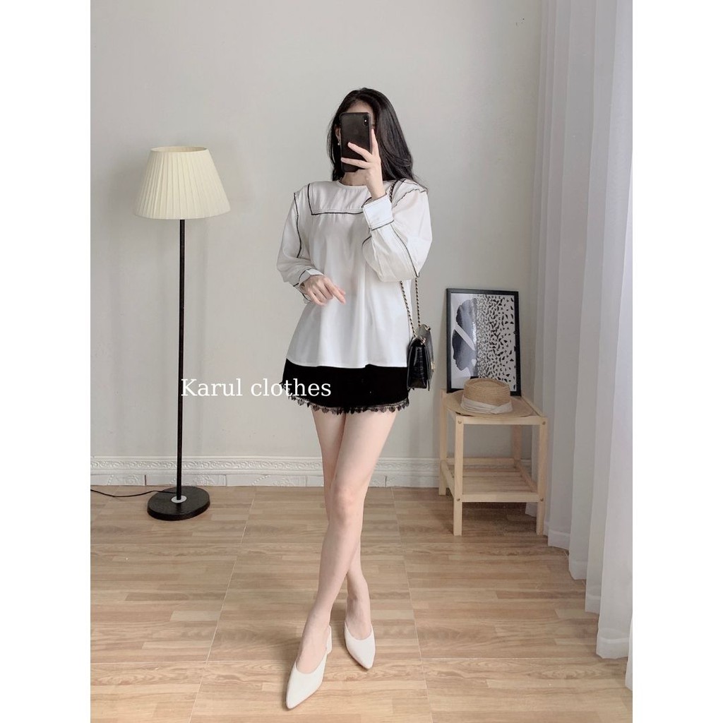 Áo sơ mi nữ trắng dài tay viền chỉ đen kiểu chui  babydoll khuy sau cổ - Áo sơ mi nữ  chất vải thô  trắng viền chỉ đen