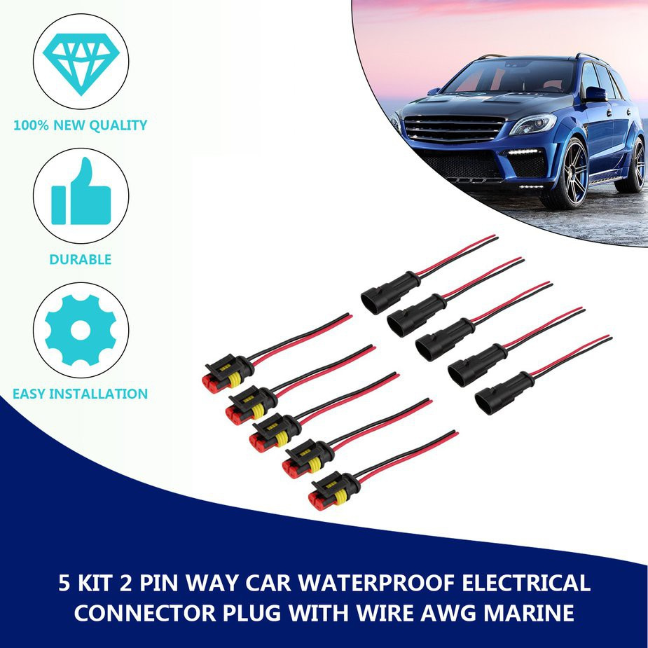 5 Kit 2 Pin Way Car Waterproof Electrical Connector Plug with Wire AWG Marine