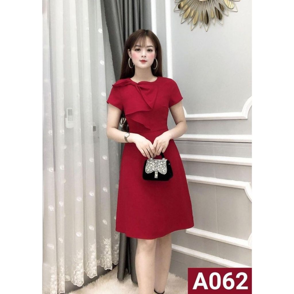 Đầm Công Sở Dáng Suông Có Nơ To Trước Ngực - A062 Màu Đỏ Đô