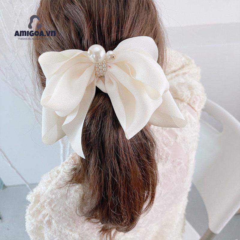 Kẹp Tóc Hình Nơ Đính Ngọc Trai Phong Cách Hàn Quốc Dễ Thương Cho Nữ