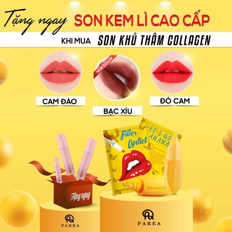 ☀ 𝗖𝗼́ 𝗦𝗔̆̃𝗡 Son Filler Collagen Chuối Khử Thâm Parea cùng son màu Chu Lipstick, giúp môi căng mọng hồng hào DATE 2023