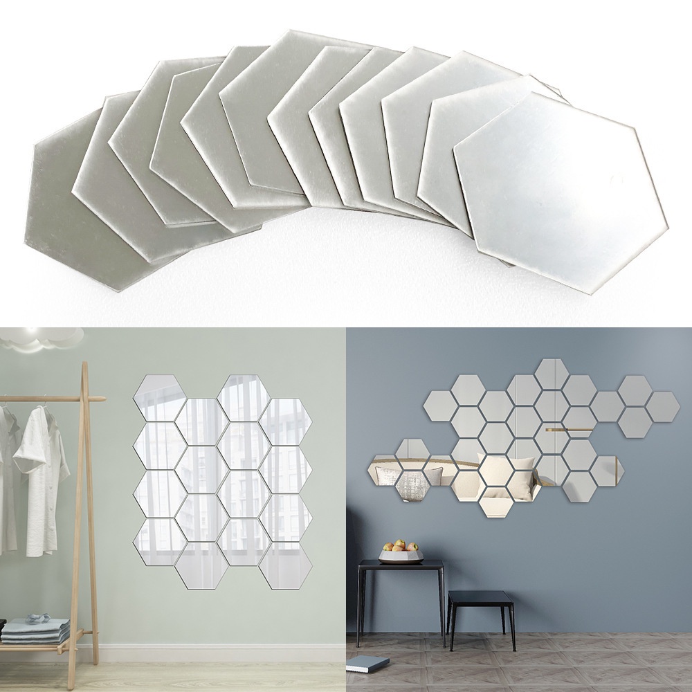 Set 12 miếng Gương dán tường 3D trang trí nhà cửa hình lục giác SIZE LỚN