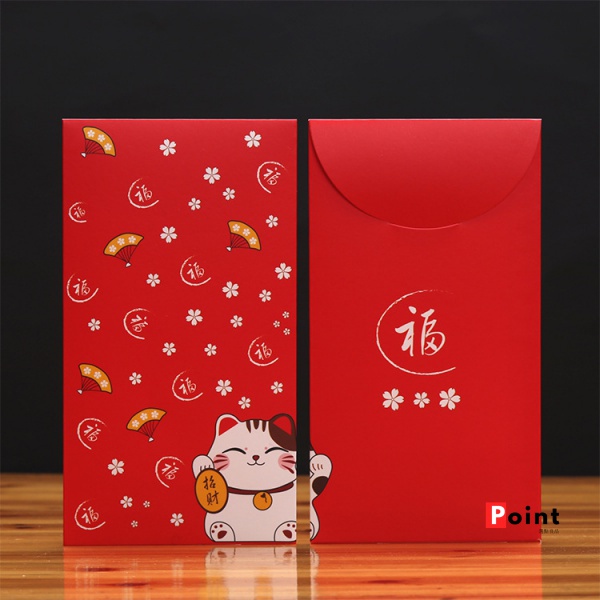 Bao Lì Xì Đỏ Hình Mèo May Mắn 9.5 * 17cm Phong Cách Nhật Bản