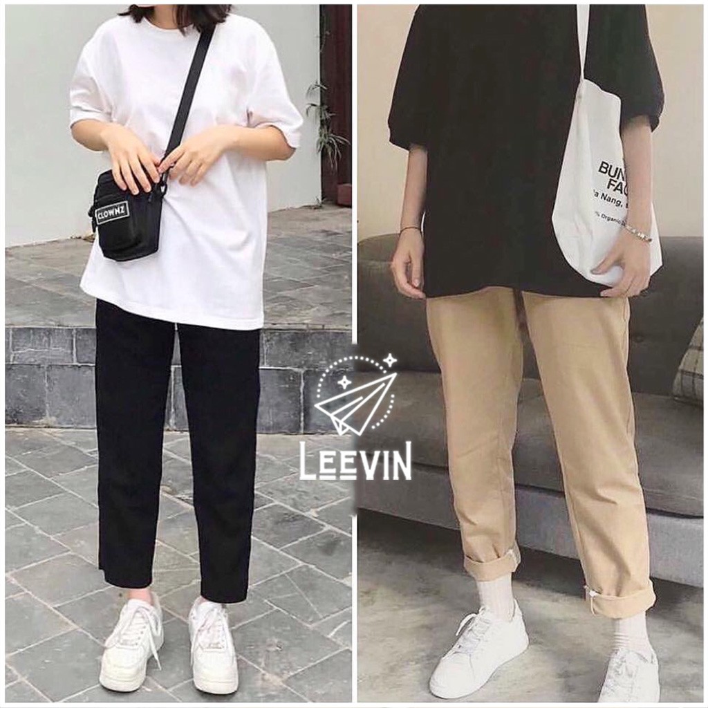 Quần Baggy Nam Nữ Kaki Ống Suông Unisex  - Kiểu quần baggy kaki nam nữ thun vải đen và be tan Leevin Store