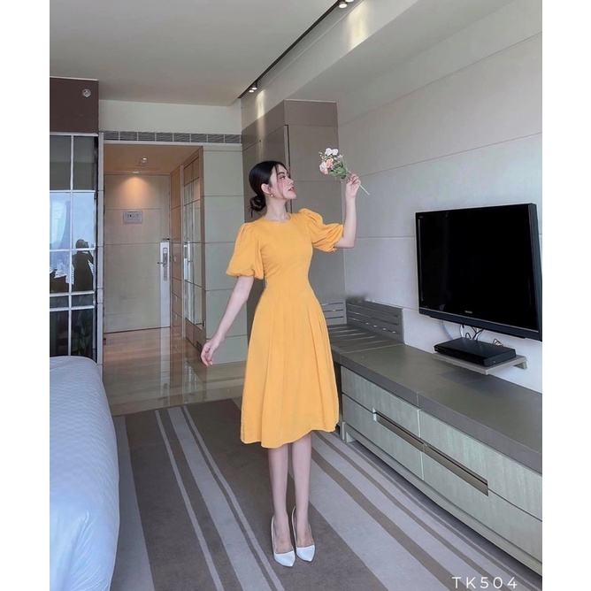 Đầm công sở dự tiệc tay bí xếp li eo