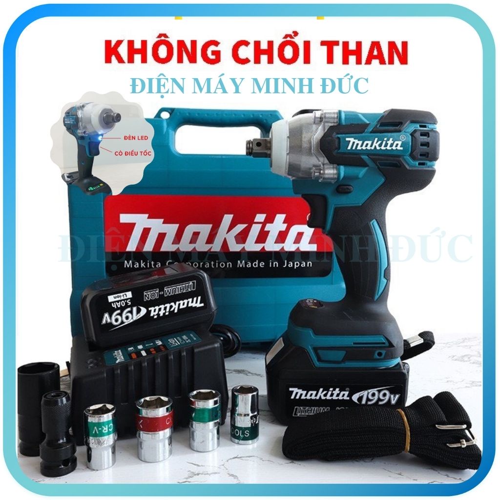 ☋✙□Máy siết bulong bắn bắt ốc vít mini Makita 199V 420NM Không Chổi Than Pin khủng 10 Cell giá rẻ dùng cho gia đình