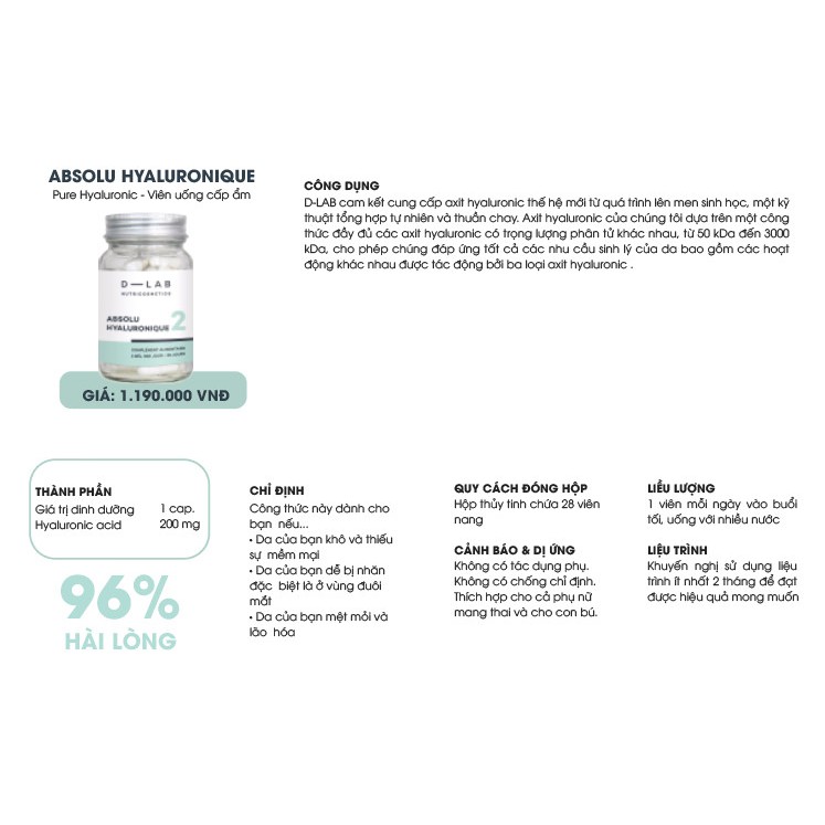 Viên HA Của Dlab Cấp ẩm, giữ nước cho da Absolu Hyaluronique - Cải thiện độ đàn hồi - lấp đầy các rãnh nhăn và nếp nhăn