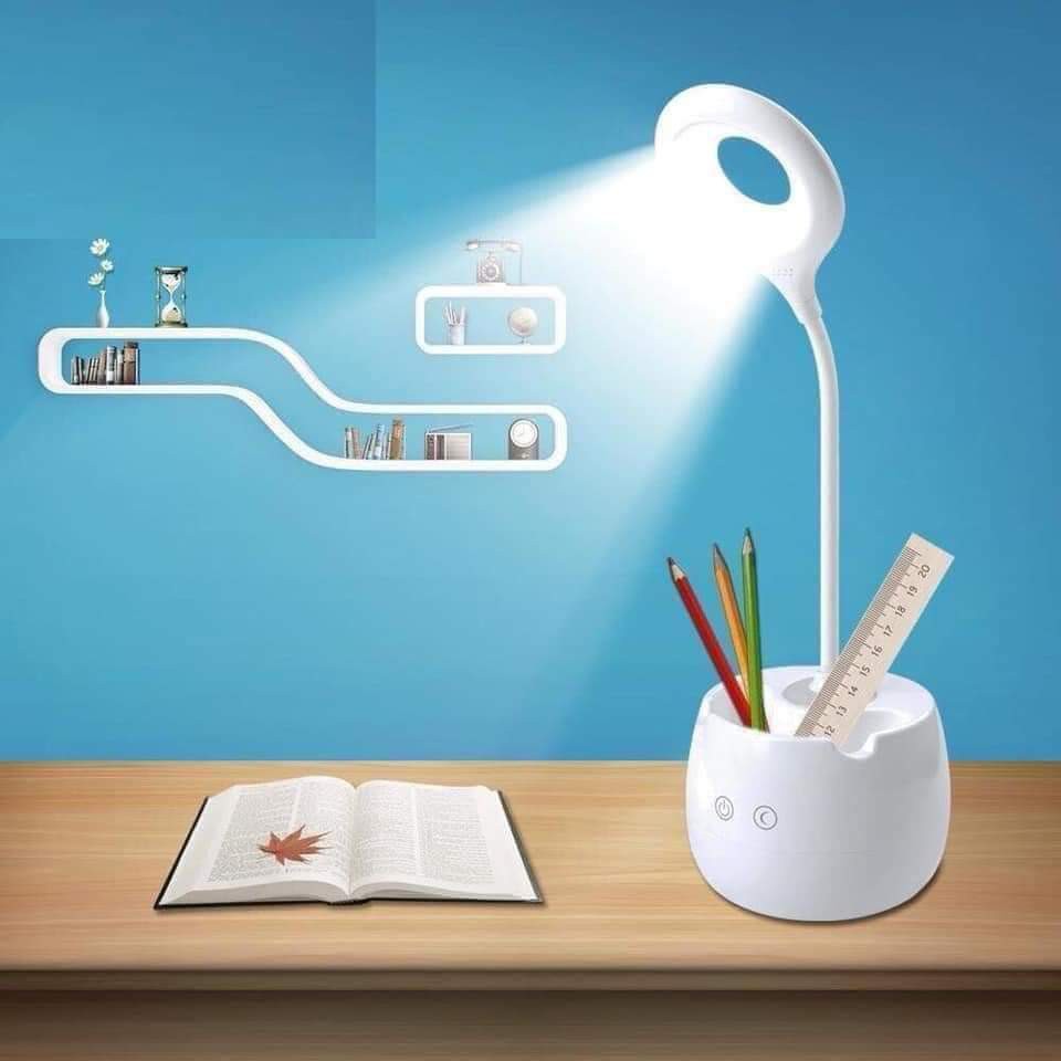 Đèn học TGX-72 để bàn. Chống cận. Cảm ứng. Sạc điện. 3 chế độ sáng, có đế hộp bút và để điện thoại (Màu trắng)