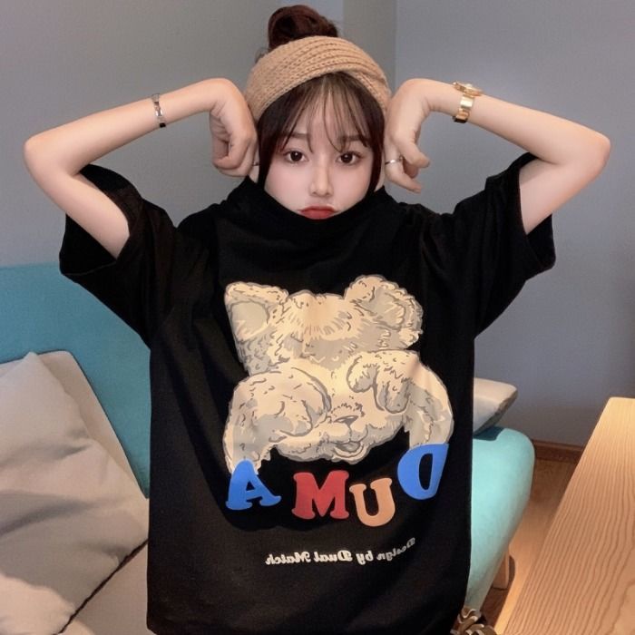 100% pure cotton 2021 new summer short-sleeved women's t-shirt loose Korean version of wild ins tide bear print clothes