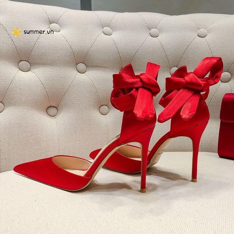 Giày Cao Gót Mũi Nhọn Thắt Dây Ruy Băng Xinh Xắn Thời Trang 2022 Cho Nữ