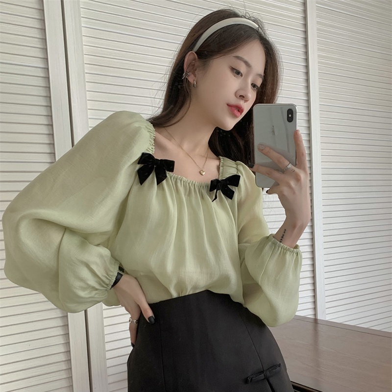 Áo chiffon BH cổ vuông tay dài đính nơ thời trang mùa hè dành cho nữ 2022