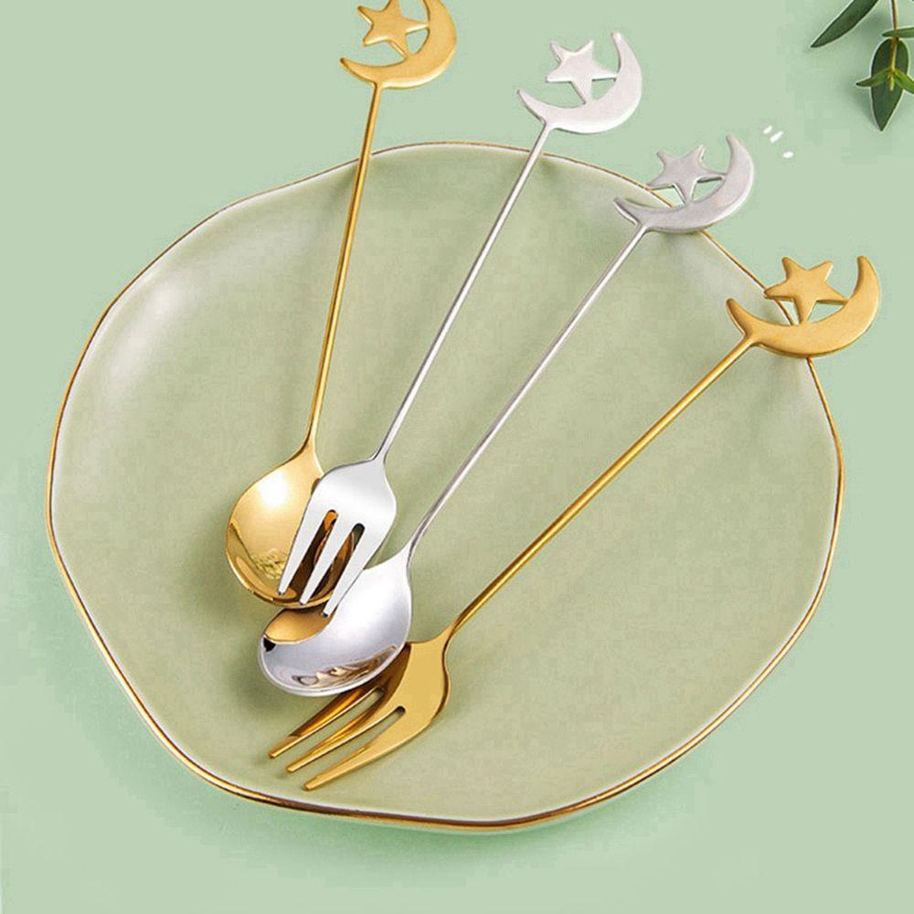 IVORY Bộ Muỗng Nĩa Bằng Thép Không Gỉ Tiện DụngBộ Muỗng Nĩa Họa Tiết Mặt Trăng Màu Bạc