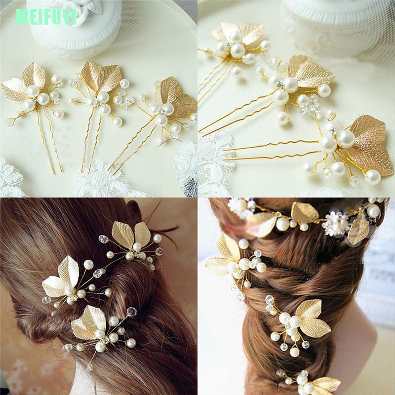 Set 4 Trâm Cài Tóc Cô Dâu Hình Chiếc Lá Đính Ngọc Trai Sang Trọng