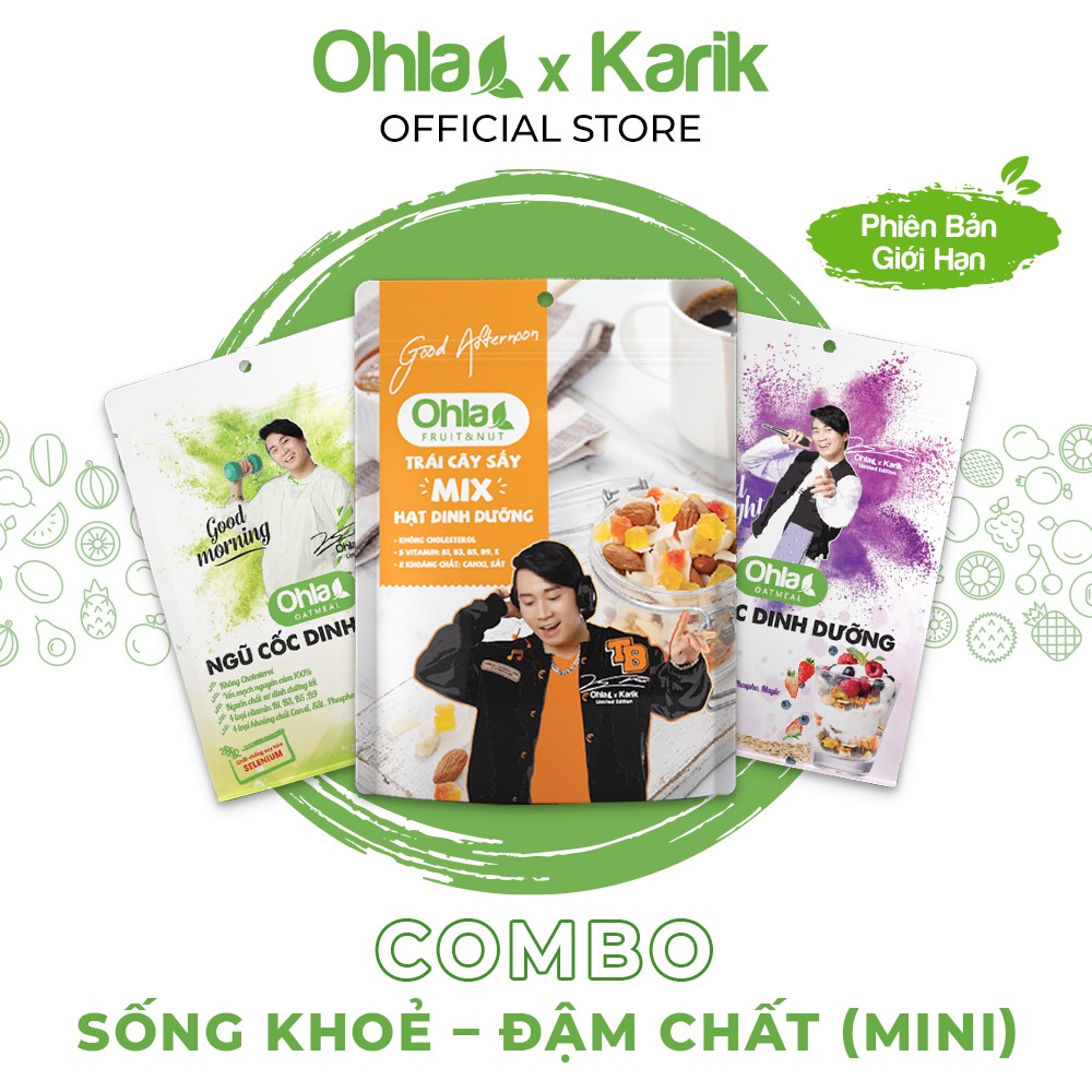 Combo Sống khỏe - Đậm chất Mini Karik x Ohla gồm Ngũ cốc dinh dưỡng sáng và tối 60g, Trái cây mix hạt 40g