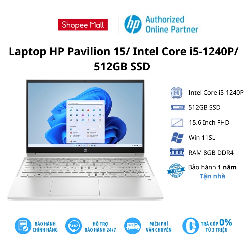 [Mã ELHP3TR giảm 12% đơn 500K] Laptop HP Pavilion 15/ Intel Core i5-1240P/ RAM 8GB/Intel Iris Xe Graphics/ 512GB SS