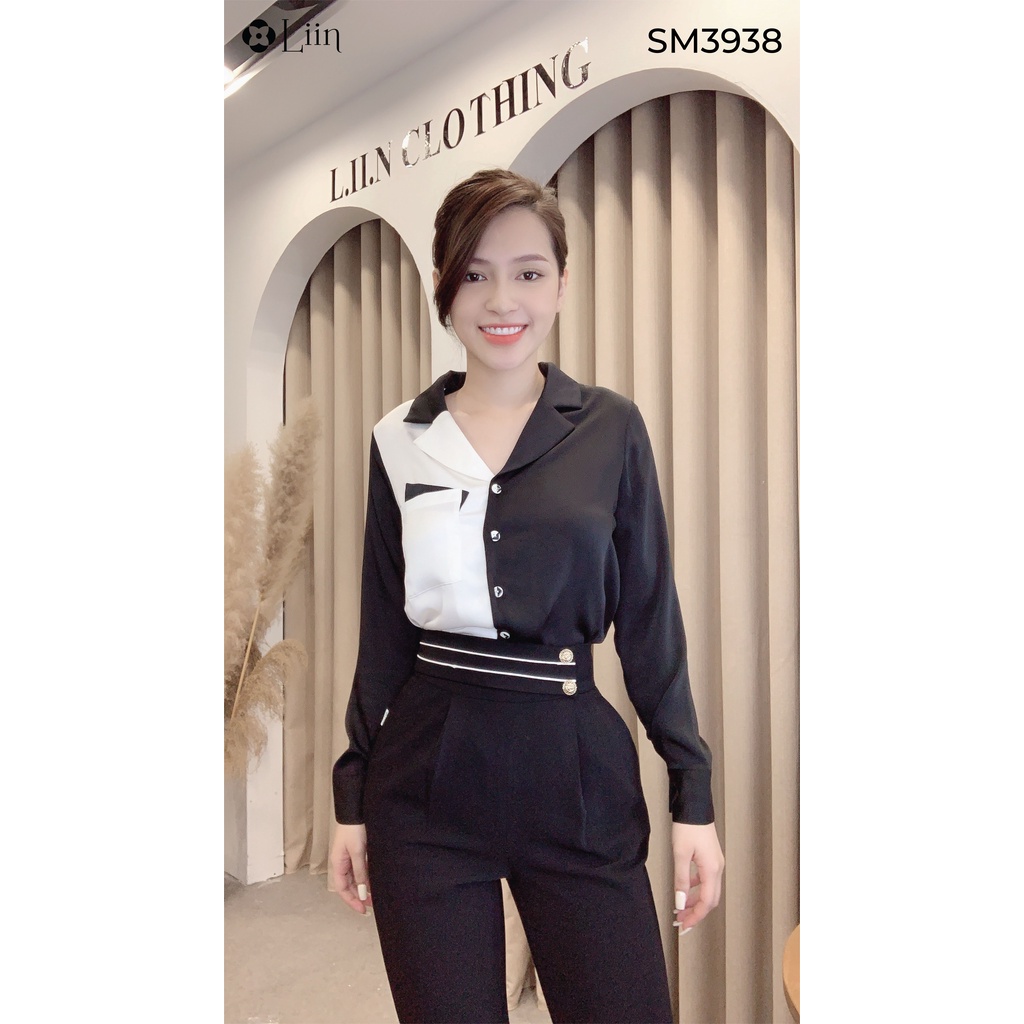 Áo sơ mi nữ dài tay màu đen phối trắng chất vải lụa mềm form chuẩn thích hợp đi chơi, đi làm Liin Clothing SM3938
