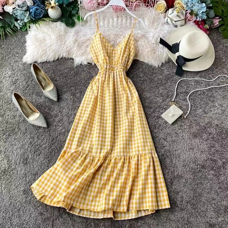Đầm Maxi Không Tay Nhún Bèo Họa Tiết Kẻ Ô Phong Cách Hàn Quốc Mới