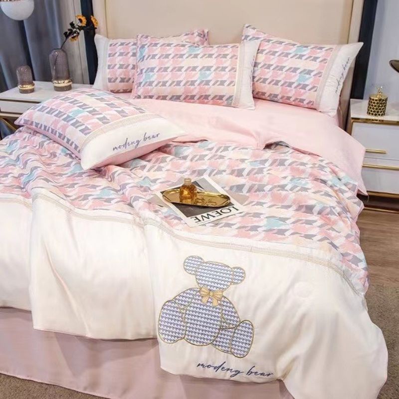 Set chăn chần hè ga gối gấu teddy hồng,xanh chất phi lụa