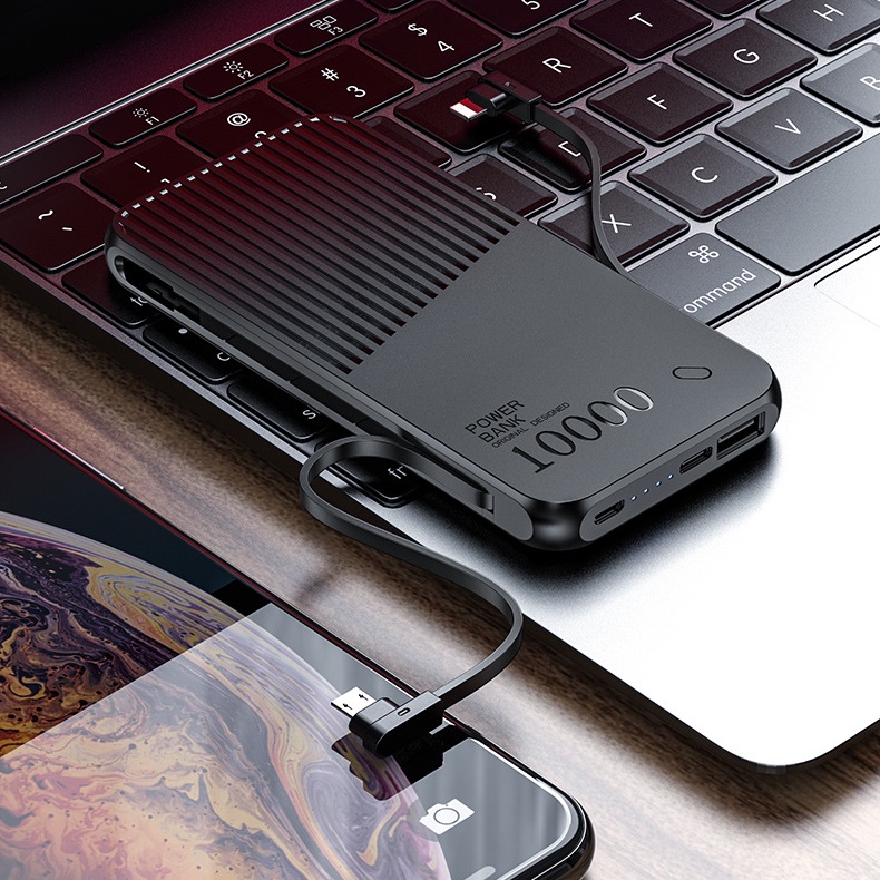 Sạc dự phòng 10000mAh tích hợp cáp sạc iP-TypeC-MicroUSB siêu mỏng gọn nhẹ