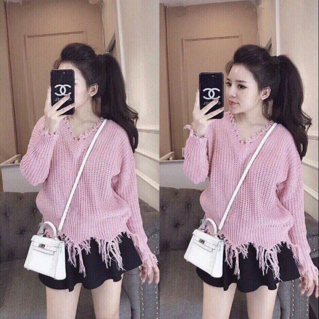 Áo len viền tua rua cực lạ mắt 3 màu hồng- vàng- cam đất (có ảnh thật)
