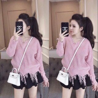 Áo len viền tua rua cực lạ mắt 3 màu hồng- vàng- cam đất (có ảnh thật)