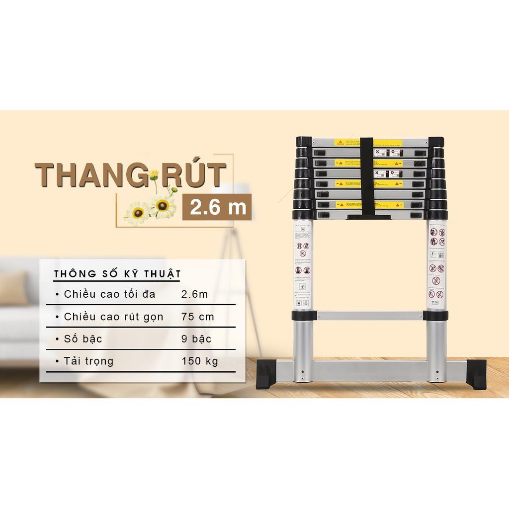 Thang nhôm rút đơn cao cấp 2.6m PRO CAMAC Hàn Quốc. Kiểm tra hàng trước khi nhận sản phẩm. Bảo hành 24 tháng tại hãng