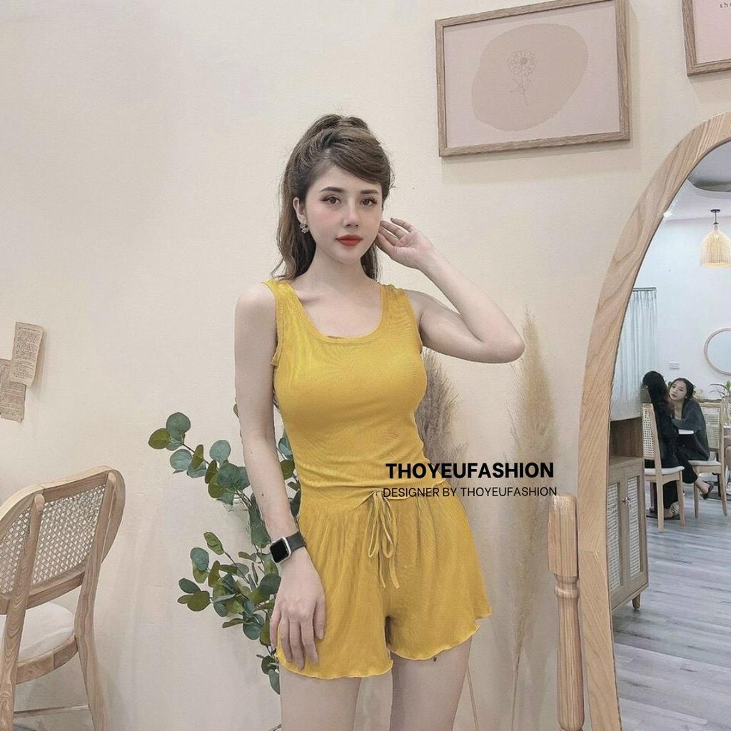 Sét đồ ngủ áo ba lỗ sexxy vải thun tăm co giãn, Bộ ngủ viền bèo BNVB0023 - Thoyeufashion