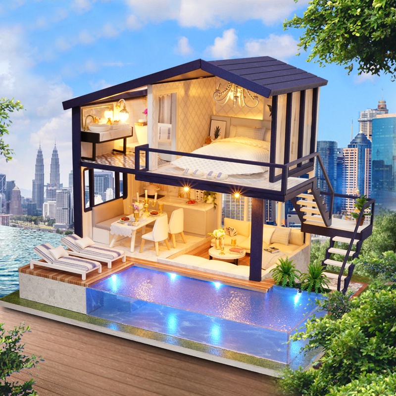 Mô hình nhà gỗ tích hợp đèn và nhạc tự làm thủ công A66