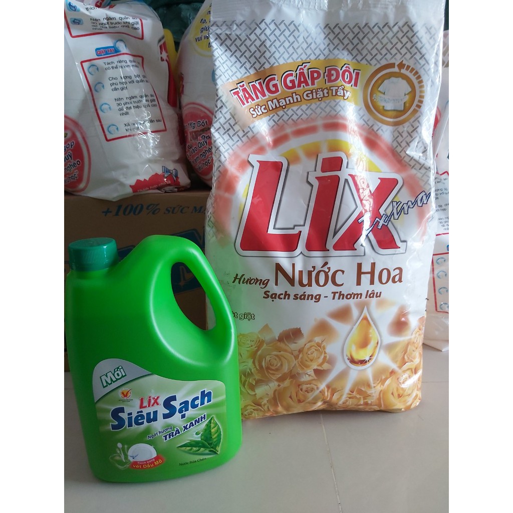 COMBO Bột giặt Lix 5,5 kg Hương Nước Hoa Tặng Nước Rửa Chén 750g