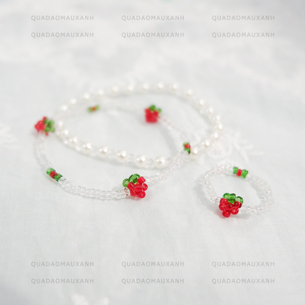 Vòng dâu tây đỏ, nhẫn hạt cườm hình trái cây #strawberry on ice #quadaomauxanh