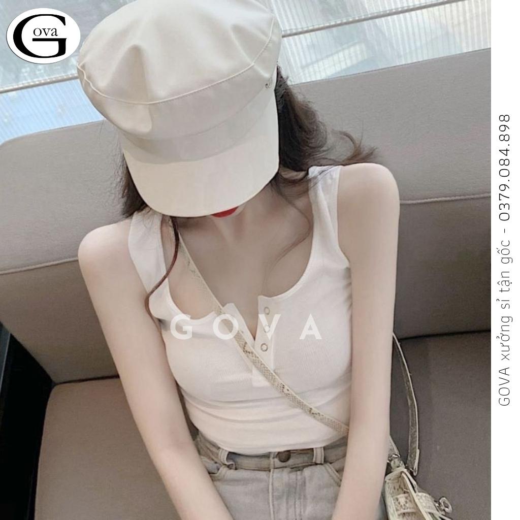 Áo Croptop Ba Lỗ Nữ Sát Nách Cổ Vuông Cúc Bấm Thun Gân Kiểu Sexy Nữ, Áo Thun Ôm Body Đẹp GOVA