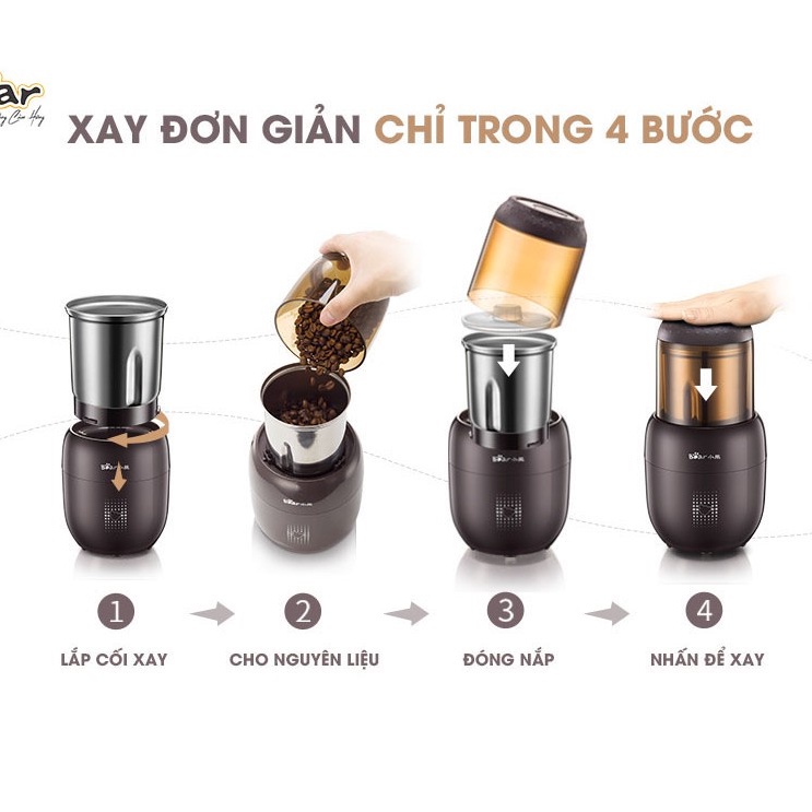 Máy xay bột đa năng Bear FSJ-A03D1S, xay cà phê ngũ cốc 4 lưỡi công suất lớn êm ái thiết kế nhỏ gọn thao tác dễ dàng