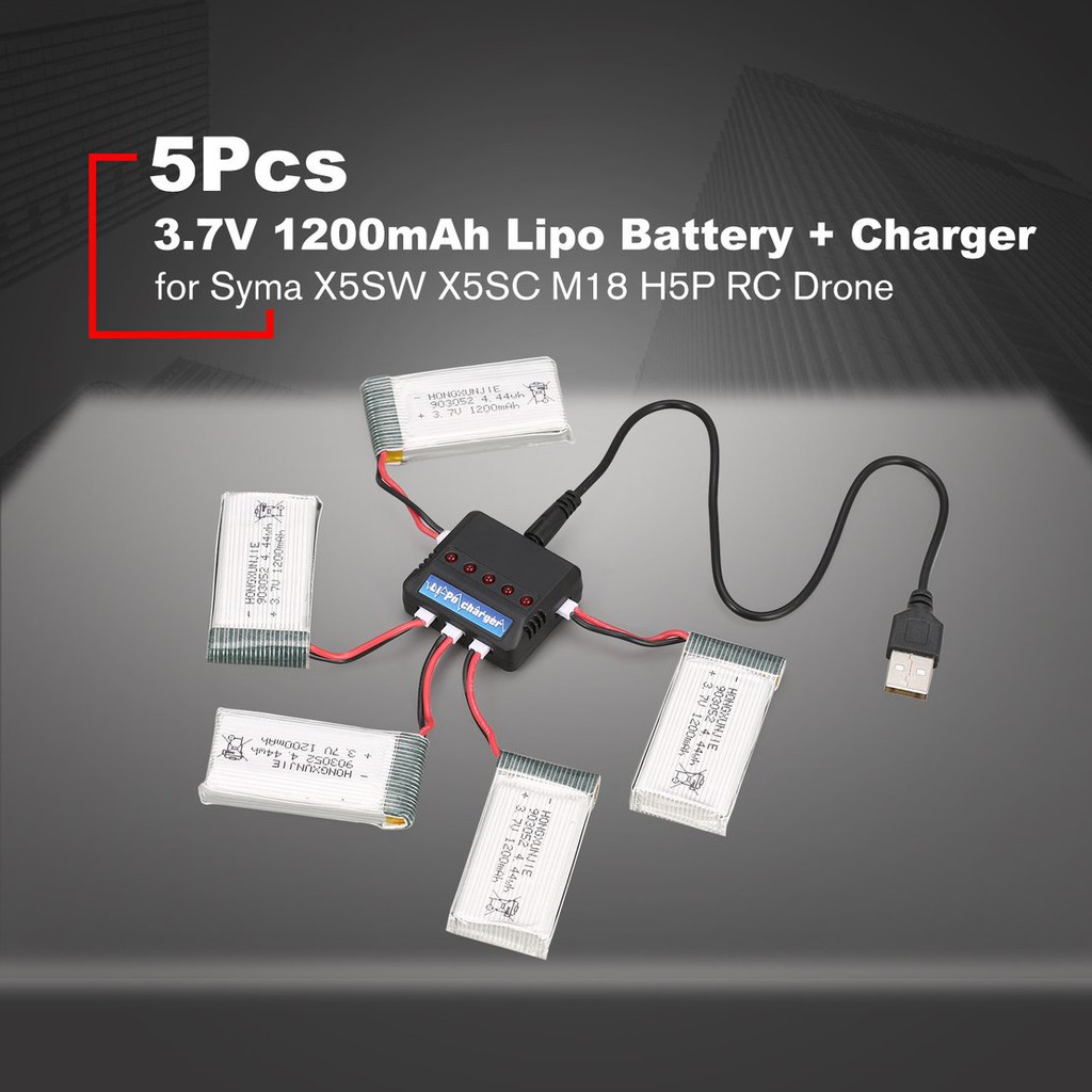 【điều khiển từ xa8/5】5Pcs 3.7V 1200mAh Lipo Battery + Charger for Syma X5SW X5SC M18 H5P RC Drone