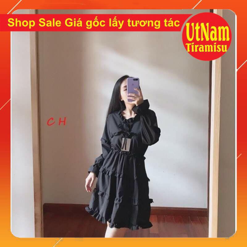 (Ảnh thật + video shop tự quay) Váy Viền Bèo Nữ 🦋 Đầm Nữ Buộc Nơ Viền Tầng hai màu đen, trắng  Vintage giá rẻ