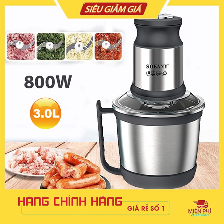 Máy Xay Thịt Cầm Tay SOKANY Cối Inox Đa Năng 4 Lưỡi Công suất 600W Xay Cua Cá, Tỏi Ớt, Rau Củ Quả