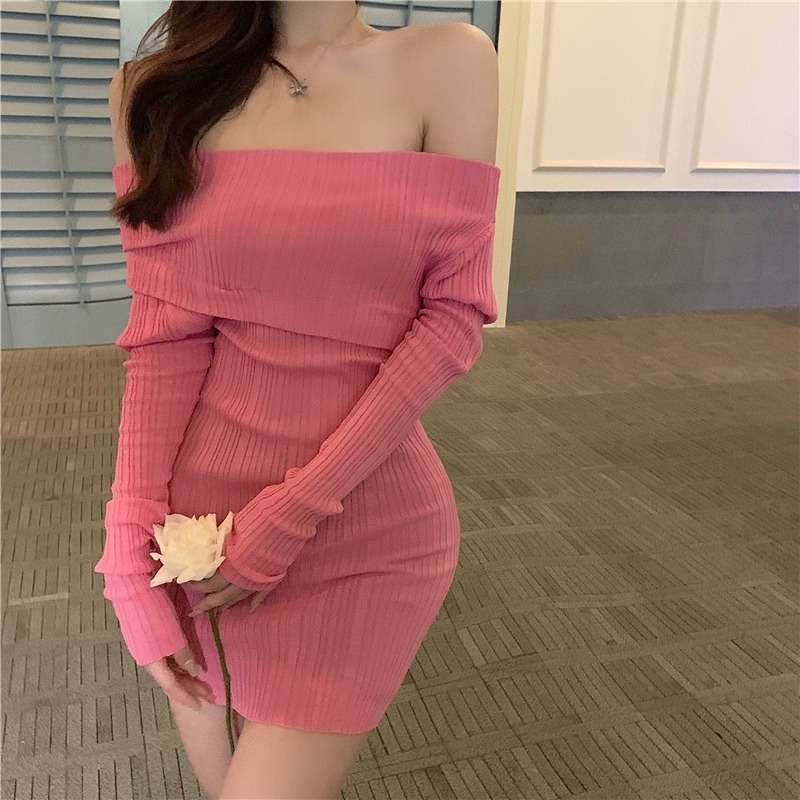 Đầm dệt kim ZHELIHANGFEI trễ vai tay dài dáng ngắn thời trang quyến rũ thời trang cho nữ