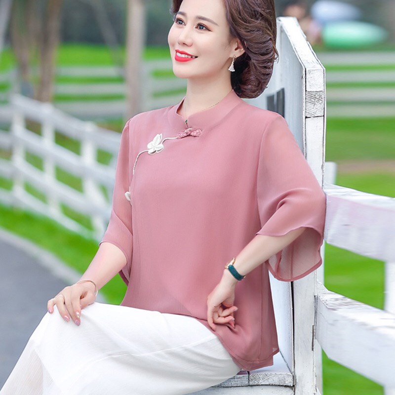 Áo Trung Niên Cách Điệu Cổ Tàu Tặng Mẹ Và Bà Phong Cách Sang Trọng Lịch Sự, Có Big Size