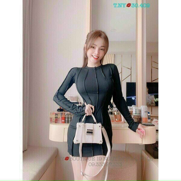 đầm gân body cổ tròn dài tay
