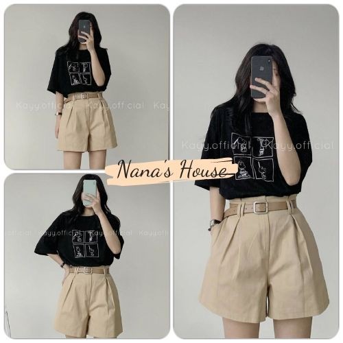 Set Áo Snoopy Kẻ Ô Và Quần Short Kaki Nữ  Nana's House - FREESHIP  Bộ quần shorts nữ kaki màu be và áo thun form rộng