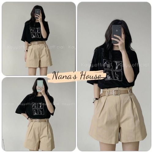 Set Áo Snoopy Kẻ Ô Và Quần Short Kaki Nữ 🎁 Nana's House - FREESHIP 🎁 Bộ quần shorts nữ kaki màu be và áo thun form rộng