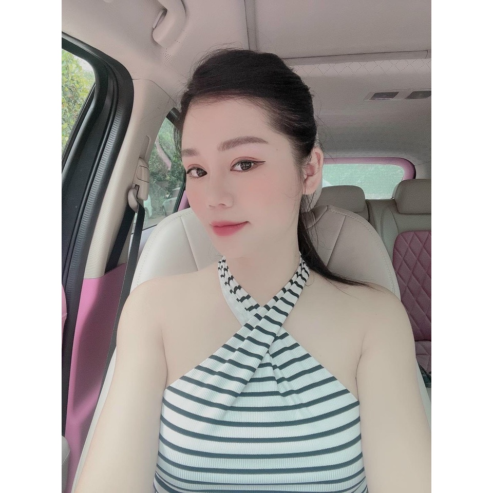 Đầm gân body nữ kiểu yếm dây chéo cổ dáng dài midi sọc ngan hot