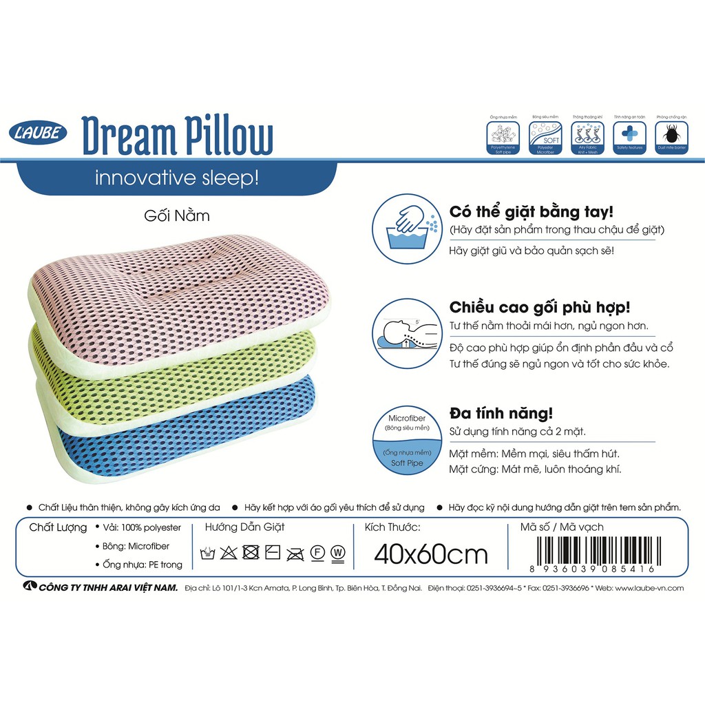 Gối ngủ đa năng 2 trong 1 đặc biệt mềm mại và siêu thoáng mát Dream Pillow 40x60cm laube 100% Nhật Bản