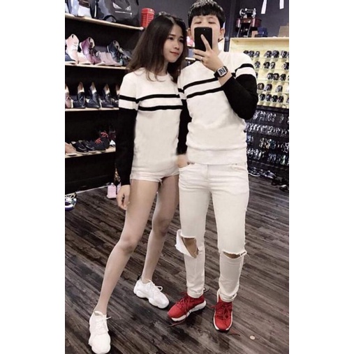♨Áo đôi thu đông kẻ sọc phối 2 màu trắng đen, đồ nam nữ sweater phong cách Hà Quốc