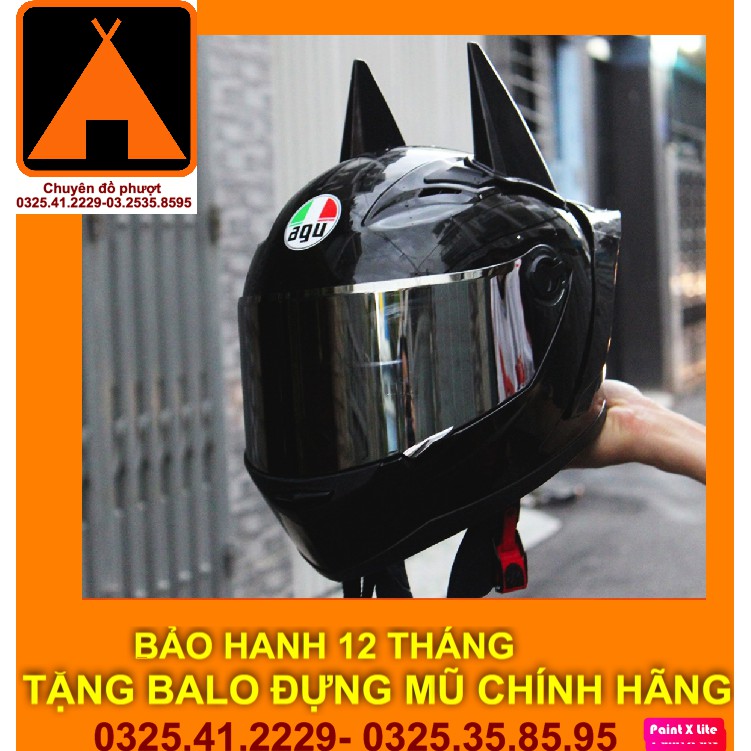 Mũ Fullface AGU Đen Gắn Sừng BATMAN + Đuôi Gió+ balo đựng mũ chính hãng