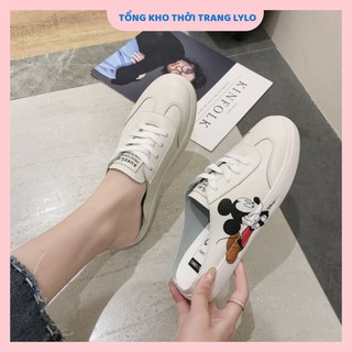 Giày sục nữ chuột Mickey da mềm siêu êm chân, Giày thể thao nữ đạp gót basic fullbox